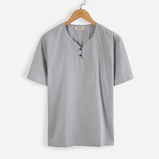 Áo linen chui cộc tay cổ V 2 nút cài Rough