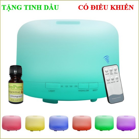 Máy Tinh Dầu 500ML có Remote KÈM TINH DẦU Cao Cấp Chuyên Dụng, Công nghệ siêu âm, Đèn LED 7 Màu
