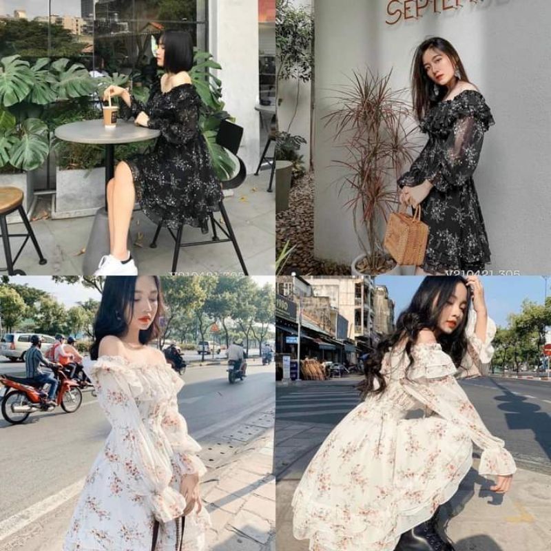 Váy trễ vai hoa nhí ullzzang trễ vai dài tay 2 lớp - Mono Buotique