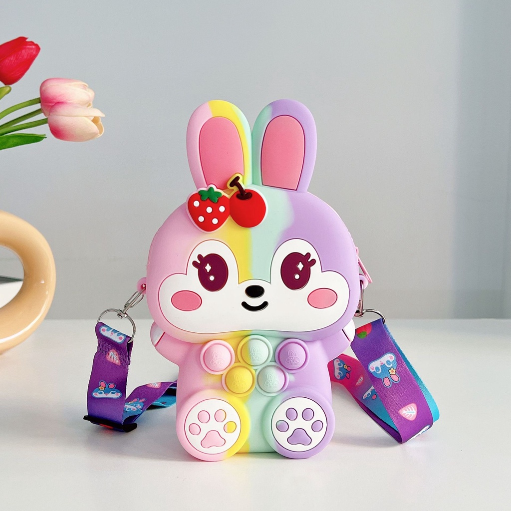 Kids Pop It Túi Messenger Đồ Chơi Bằng Silicon Giảm Căng Thẳng Hình Thỏ Dâu Tây Gợn Sóng Cho Bé Gái