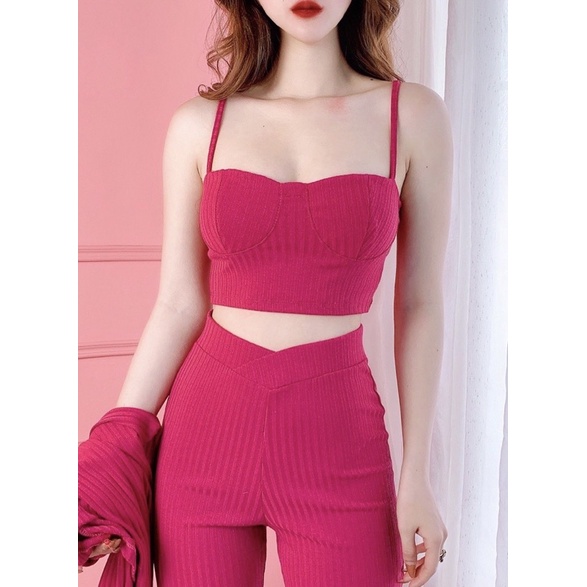 Set quần ống loe hack dáng áo croptop có mút ngực dày dặn