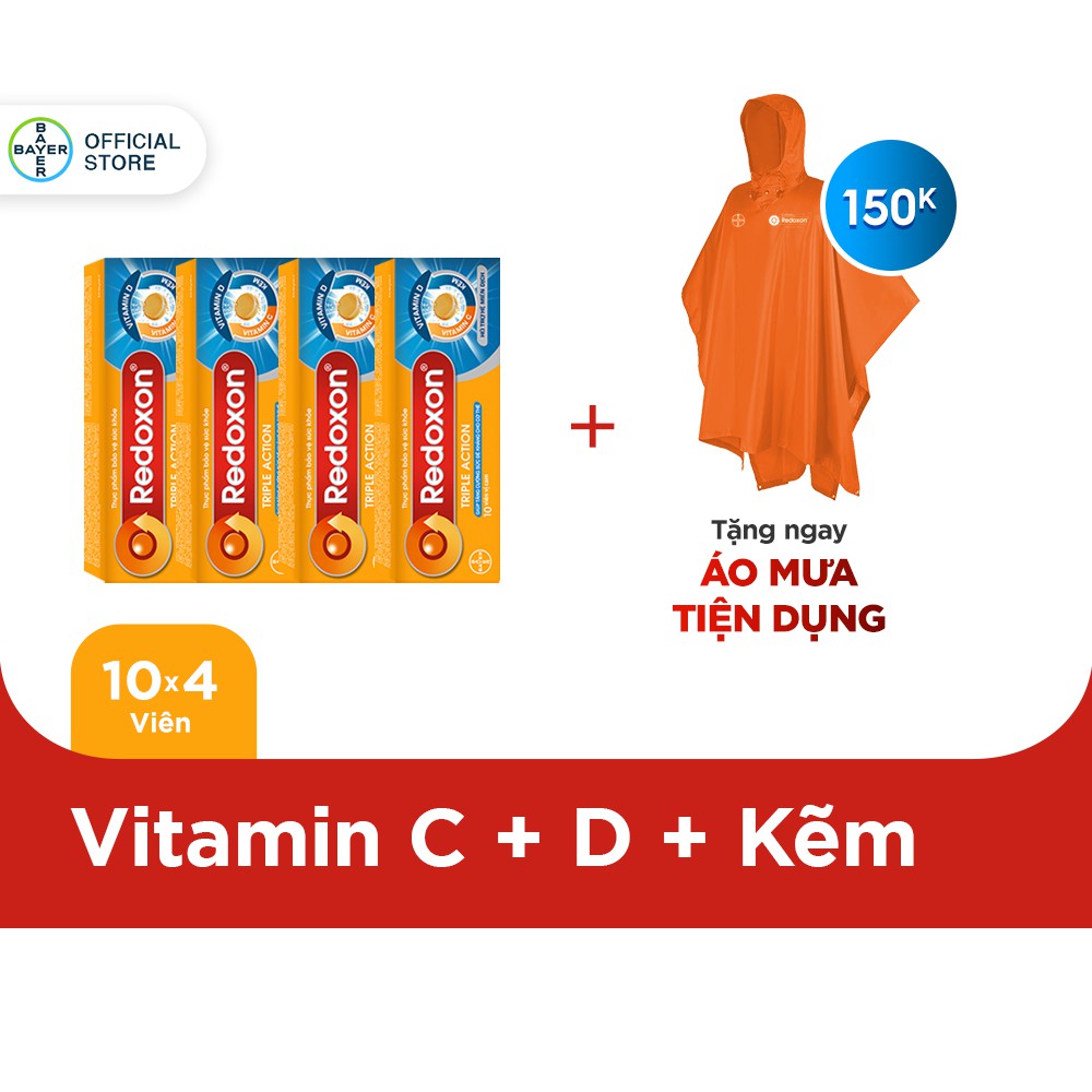 Bộ 4 Hộp Viên Sủi Bổ Sung Vitamin C, D, Và Kẽm Redoxon Triple Action 10 Viên/Hộp + Tặng Áo Mưa Cam