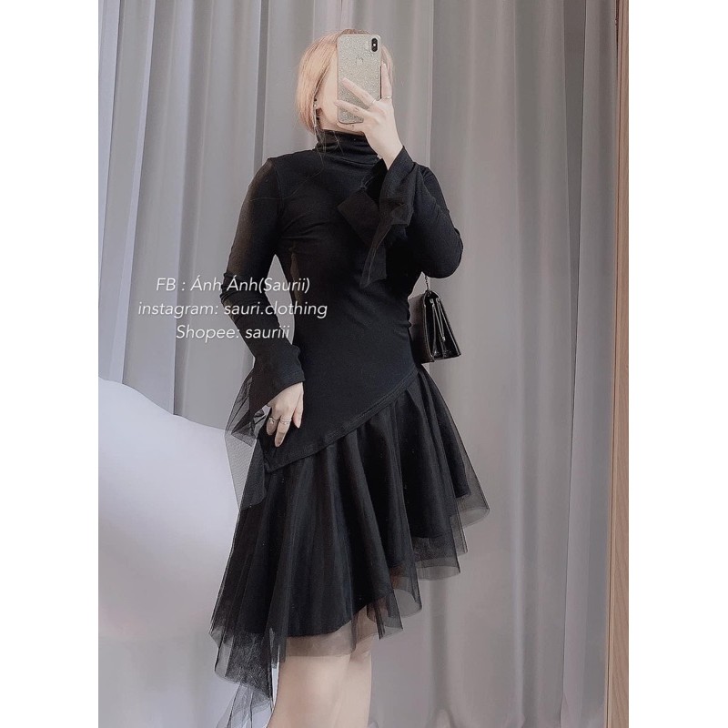 SẴN🖤Đầm len xoè đuôi cá pha lưới vạt chéo sang chảnh quyến rũ|Đầm dự tiệc cổ lọ tay dài dạo phố