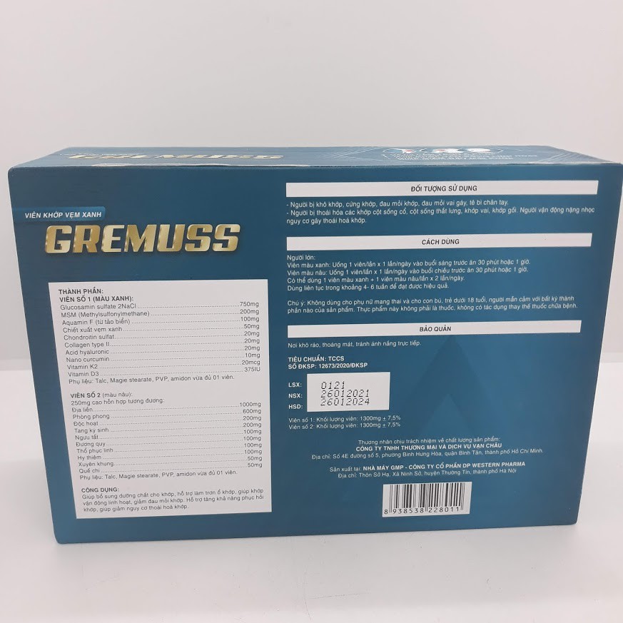 Viên khớp vẹm xanh GREMUSS [CHÍNH HÃNG] hộp 2 lọ x 30 viên