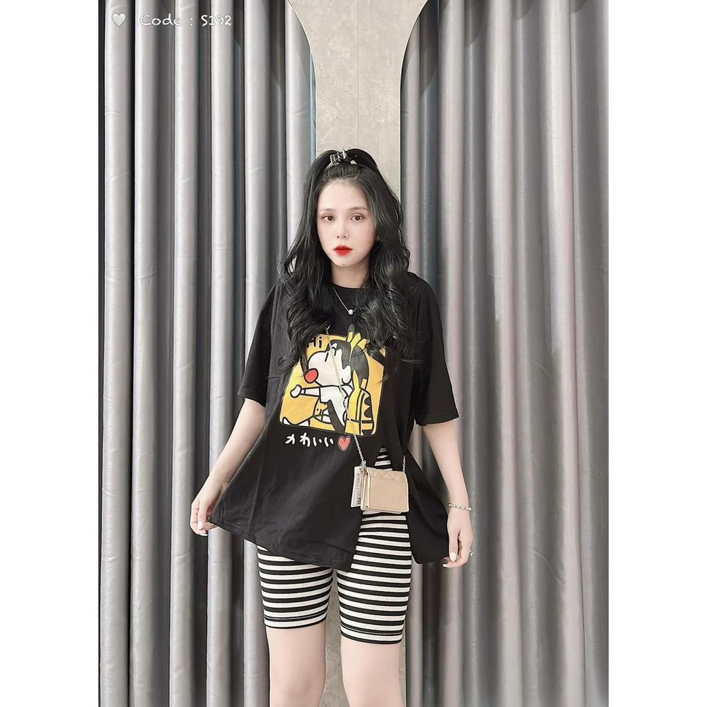 set bộ áo thun form rộng xẻ tà bên in hình quần lửng sọc ôm