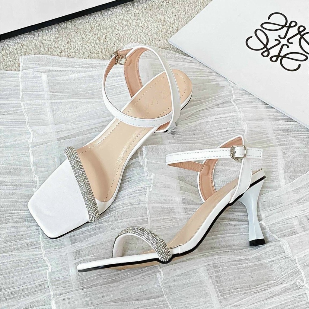Free ship Giày cao gót, Sandal cao gót quai mảnh đá gót nhọn 7p da lì đi xinh xỉu