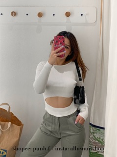 Áo len tay dài cutout eo freesize