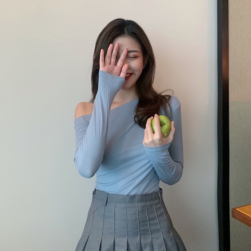 Áo thun lệch vai dài tay nữ ôm body sexy phong cách mùa thu 2022