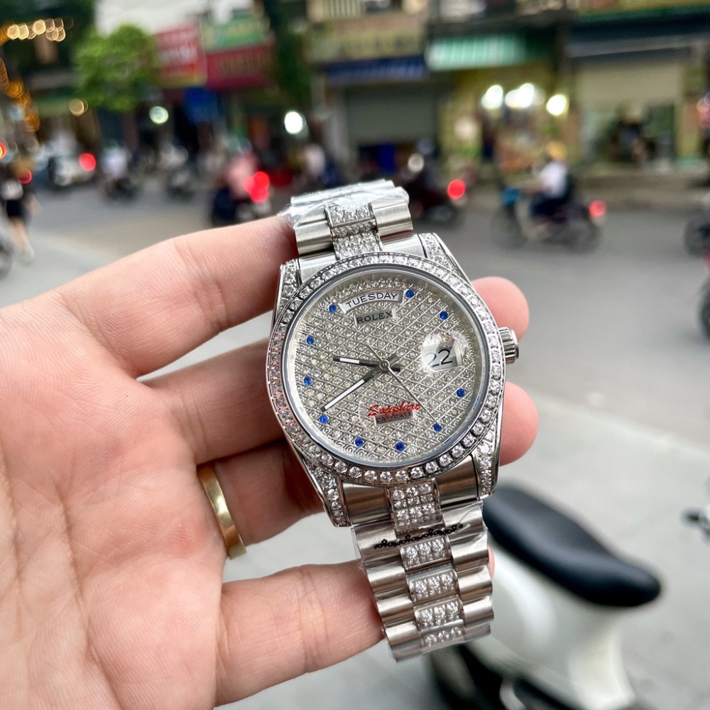 Đồng Hồ Nam RoLex DateJust Sapphire RA35 Mặt full đá Cọc giờ đính đá Máy cơ Automatic Nhật