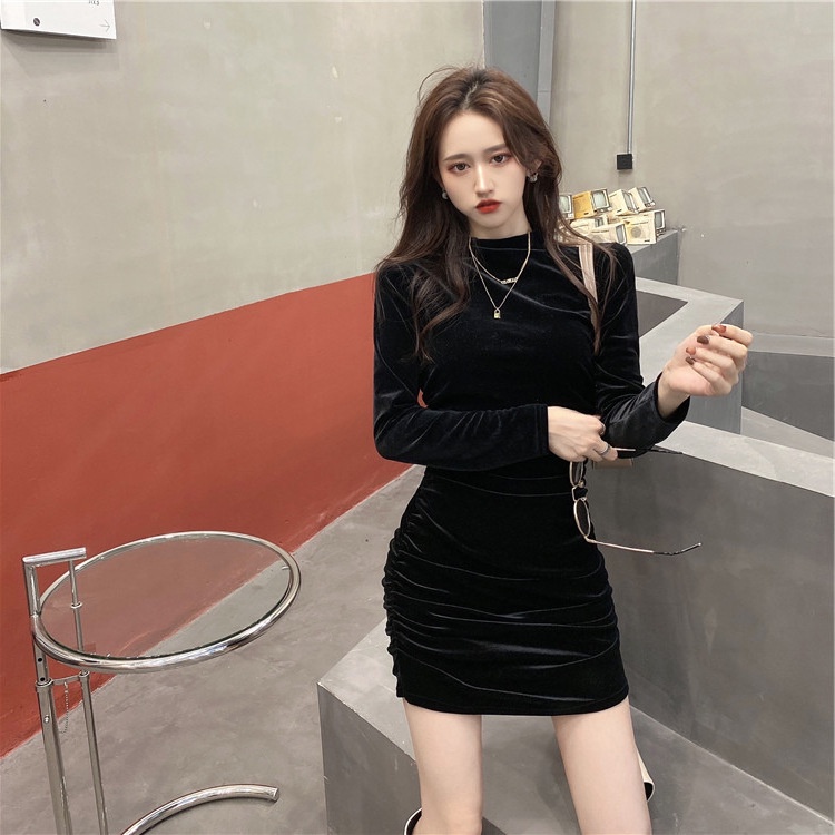 Đầm Nhung Cổ Cao Body ⚡️ẢNH THẬT⚡️ Váy Chất Mịn Dài Tay Cực Chảnh