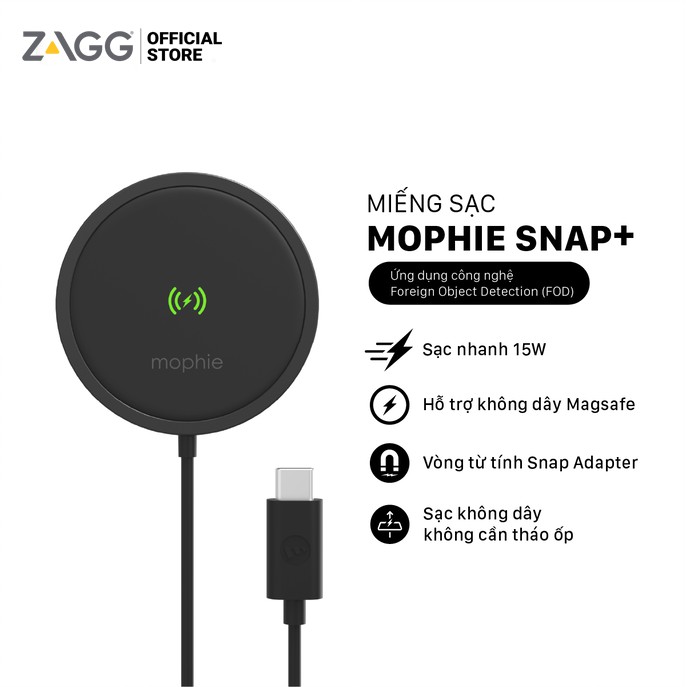 Miếng sạc Mophie Snap Plus - sạc nhanh không dây chuẩn Qi, công suất lên tới 15w, nam châm hít, vòng từ tính adapter