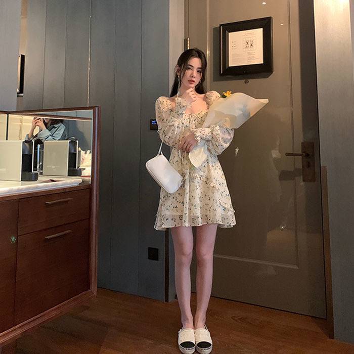 🎀váy babydoll Đầm Chiffon Cổ Vuông Tay Dài In Họa Tiết Hoa Nhí Xinh Xắn Thời Trang Kiểu Pháp Cho Nữ 2021