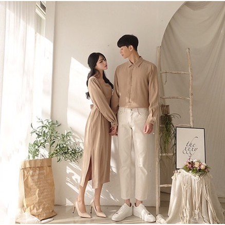 Áo đôi nam nữ 🎀FREESHIP🎀  Set áo váy sơ mi Hàn Quốc dáng dài cổ vuông buộc eo màu be HQ COUPLE AV73 (có ảnh thật)