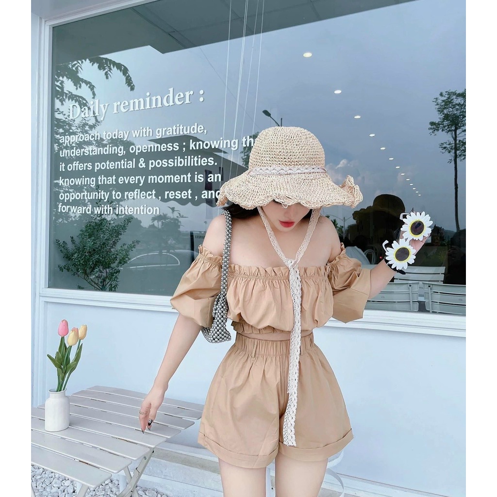 Set bộ đồ nữ trễ vai tay phồng mix quần ống rộng cùng tone với 3 màu cute dành cho các nàng đi chơi, dạo phố siêu xinh