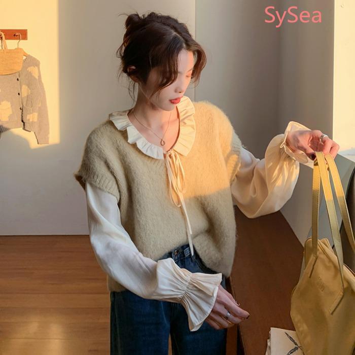 Áo Sơ Mi Voan Tay Dài / Áo Khoác Len Không Tay Thời Trang Cho Nữ