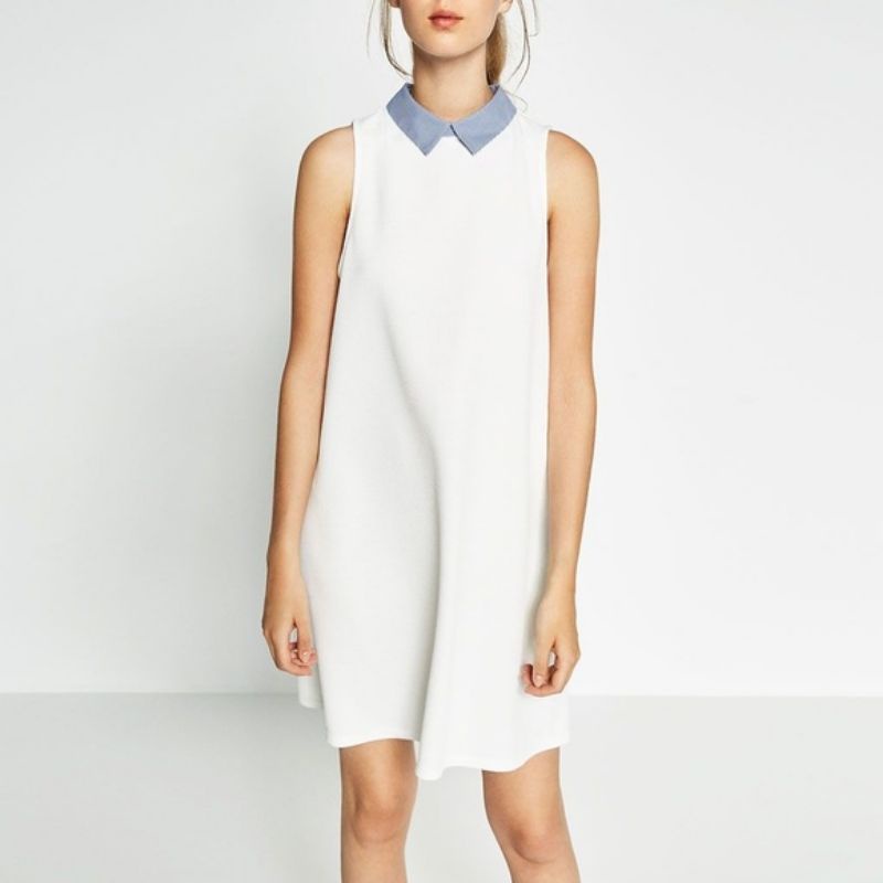 Zara Poplin sleeveless A dress VNXK đầm zr thun form A suông phối cổ sơ mi cộc tay màu trắng thể thao xuất khẩu dư xịn
