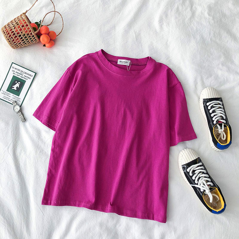 Áo Thun Cotton Tay Ngắn Dáng Suông Màu Sắc Đơn Giản Phong Cách Hàn Quốc Thời Trang Mùa Hè Cho Nữ