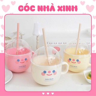 Cốc uống nước, ly uống sữa hình mặt cười có nắp dậy kèm ống hút