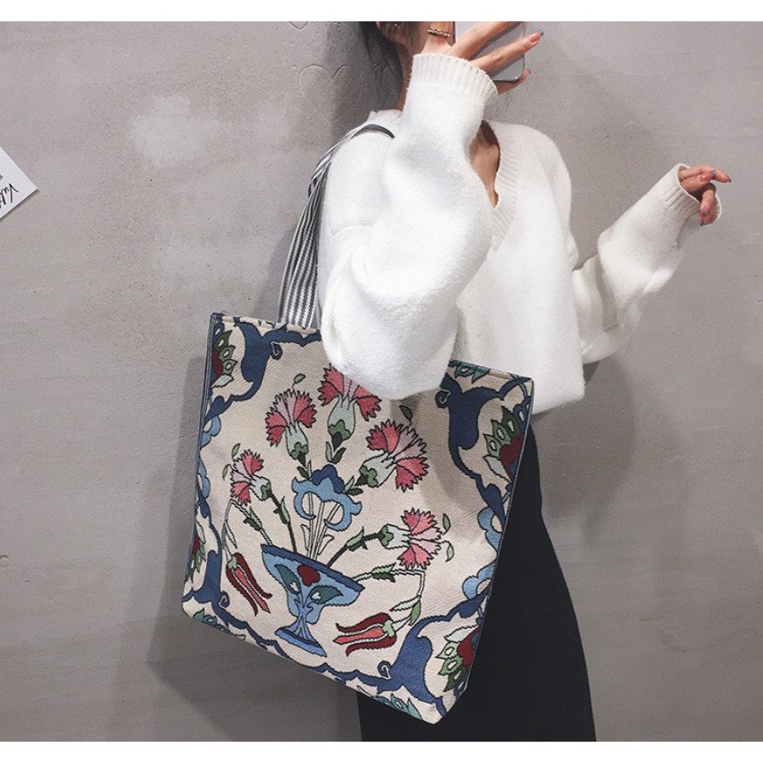 Túi tote vải canvas bao tử hoa thổ cẩm size to vừa A4 có dây kéo