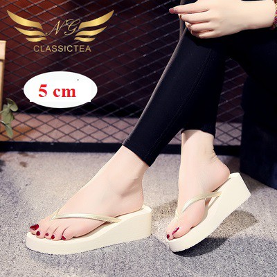 dép tông nữ xỏ ngón đế cao 5p quai da | dép đi biển | dép đế xuồng