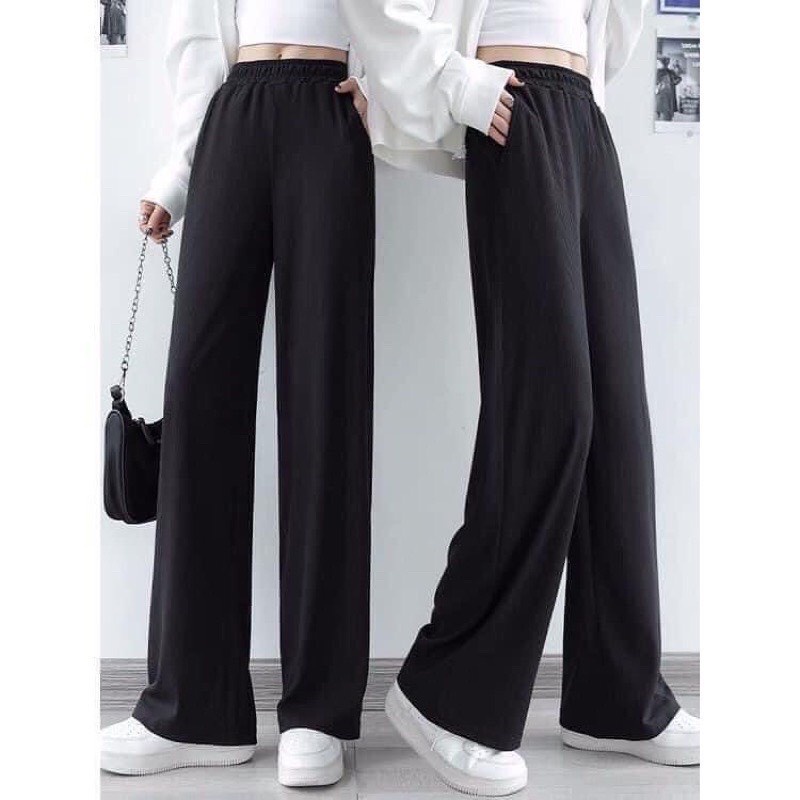 Quần dài nữ len tăm dáng suông - Culottes ống rộng cạp chun vintage màu ĐEN | TRẮNG phong cách ulzzang
