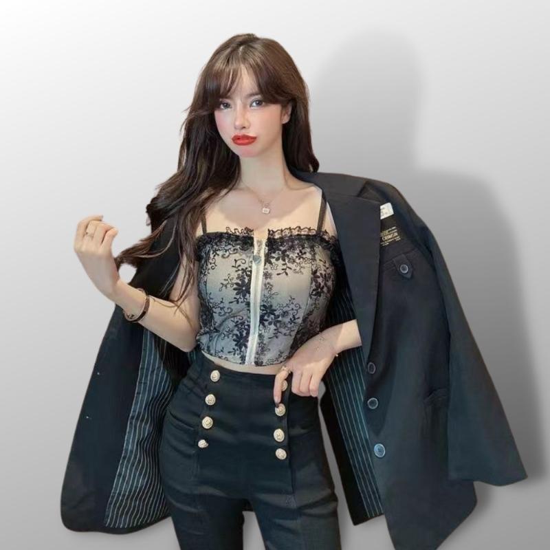 Áo Bra Ren Dán Dài Có Kéo Tia AN Croptop 2 Dây Có Mút Ngực 2210