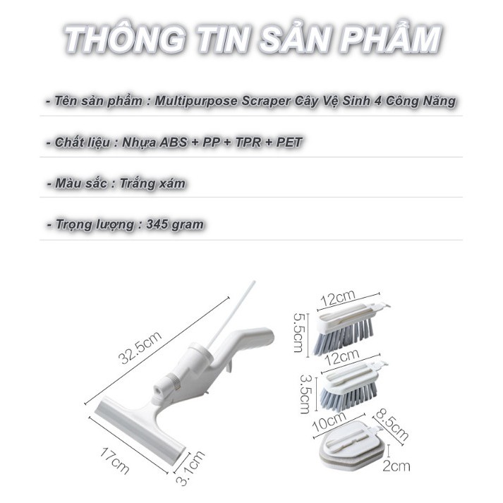 Cây lau Vệ Sinh cầm tay nhà cửa tích hợp bình xịt nước với 4 chức năng  Multipurpose Scraper