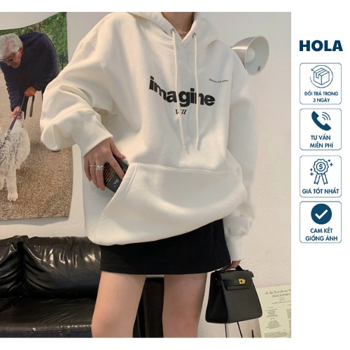 Áo hoodie nữ Imagine 🌸 Áo nỉ tay bồng dài tay form rộng, màu trắng cá tính HOT TREND HOLA
