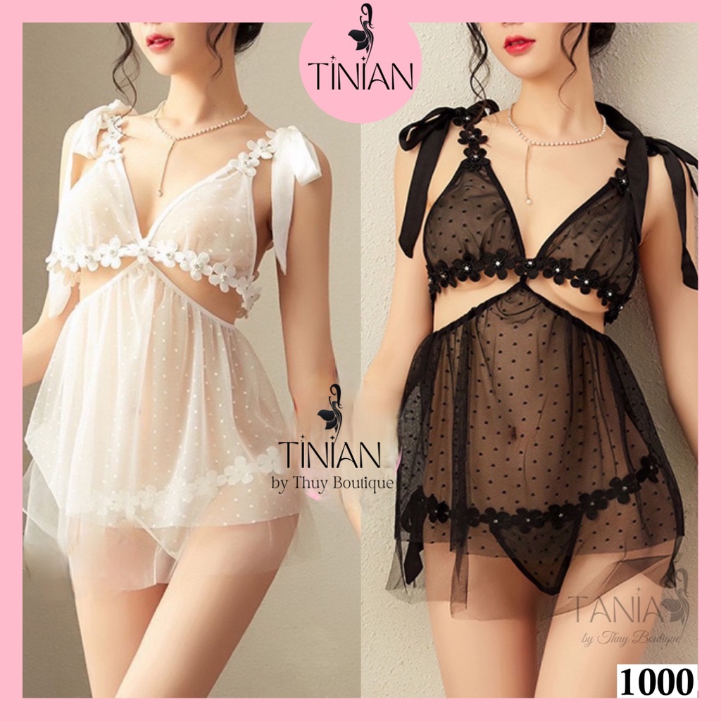 Váy Ngủ - Đầm Ngủ Ren Chấm Bi Phối Hoa Cao Cấp Sexy Gợi Cảm Xuyên Thấu Gợi Tình TANIA 1000
