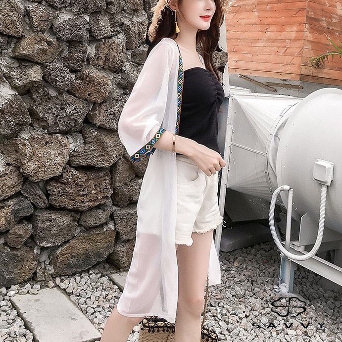 Áo Choàng Voan Viền Đi Biển, Áo Choàng Dáng Dài Kimono Thổ Cẩm SAVVY