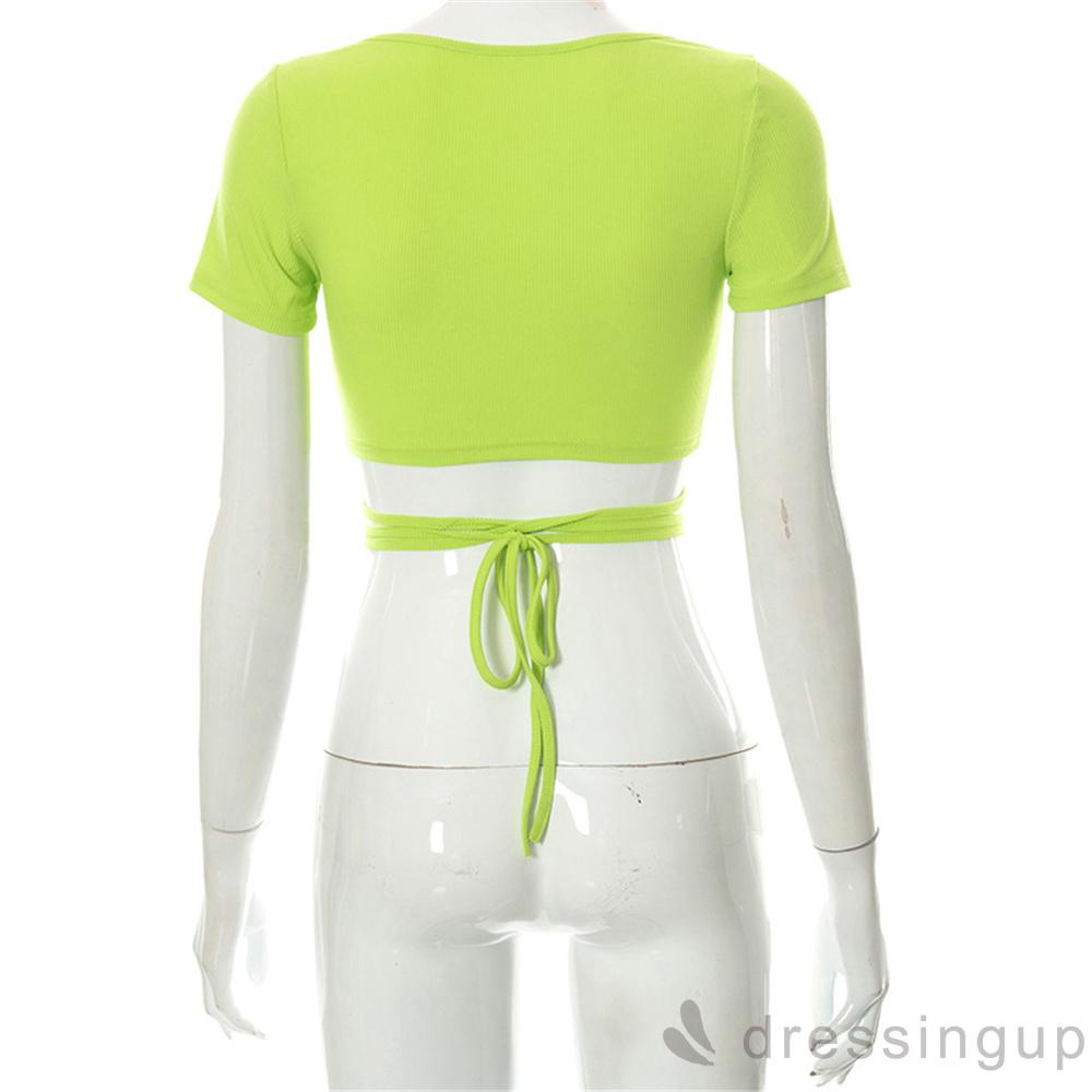 DRE-Women Summer Tops, Short Sleeve Solid Color Tie Up Waist Elastic Tops