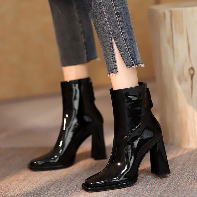 Giày Bốt Cao Gót Mũi Vuông Bằng Da Có Khóa Kéo Thời Trang Thu Đông Cho Nữ