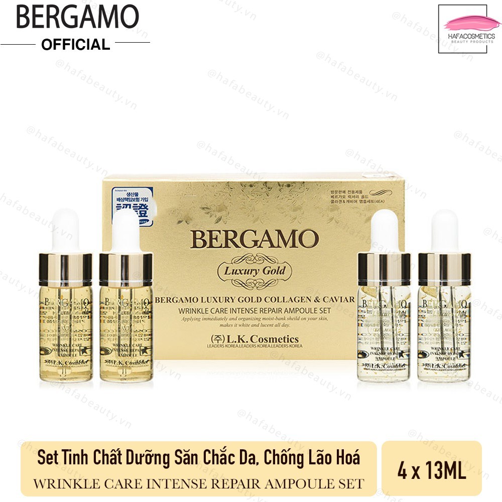 Set 4 chai Siêu tinh chất dưỡng săn chắc da, chống lão hoá BERGAMO Luxury Gold Collagen &amp; Caviar 13ml x4