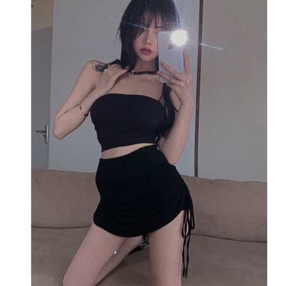 Chân váy nhún có dây rút chất vải cực kì dày dặn co giãn (có lót trong) Okella