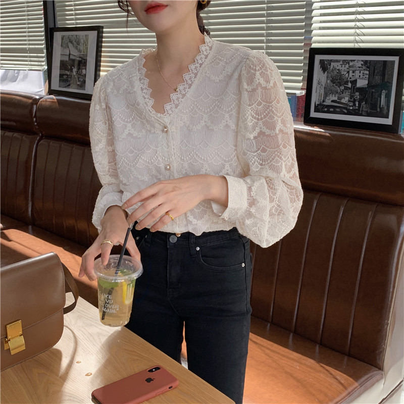 38821 Chic embroidery crochet  bottoming lace shirt women top