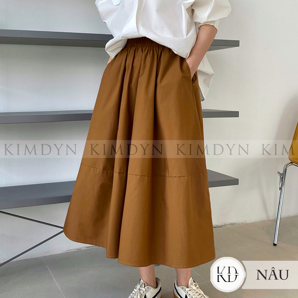 Chân váy midi dáng xoè lưng thun vải trơn mát KimDyn