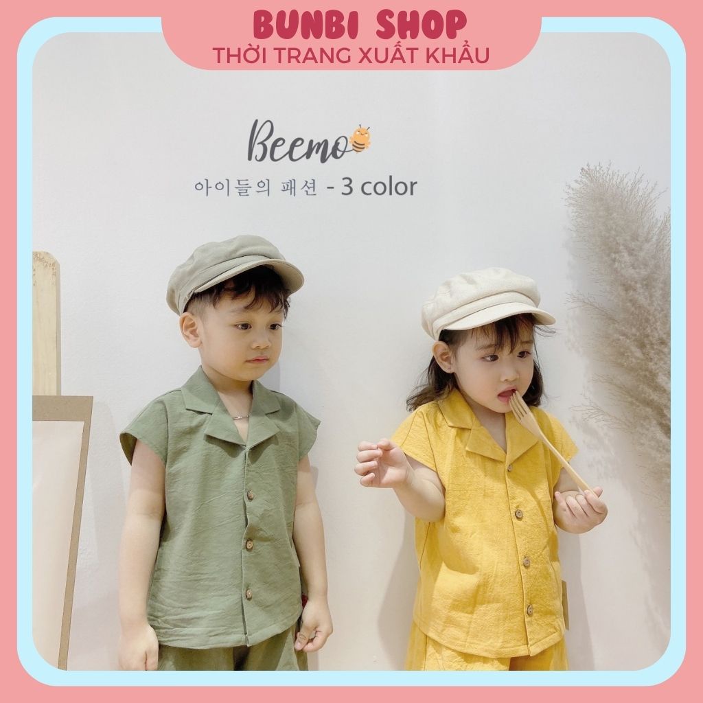 Sét bộ bé trai thiết kế Beemo, bộ thô liền tay cổ vest Hàn Quốc