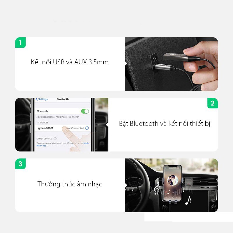 Thiết bị nhận Bluetooth 5.0 Music Receiver Ugreen 70601 (Hỗ trợ Mic dùng trên Ôtô)