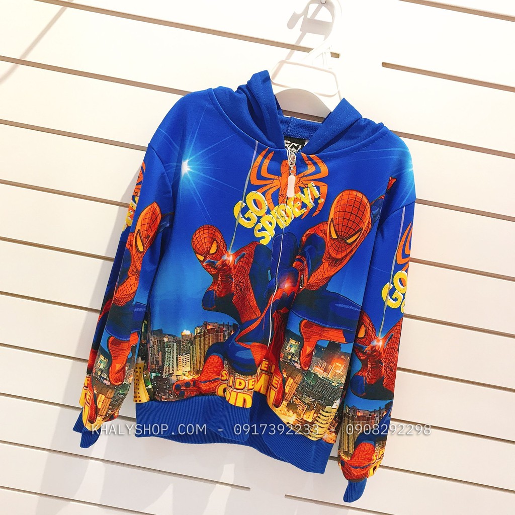 Áo khoác nón và dây kéo hình người nhện Spiderman màu xanh size M,XL cho bé trai - AKSPMXM