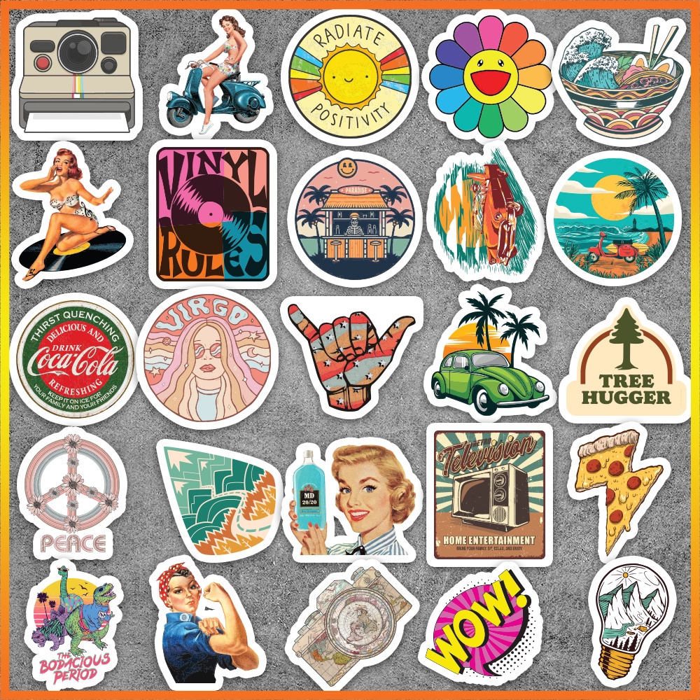 Set 50 cái Sticker Vintage dán mũ bảo hiểm, hình dán Vintage chống nước, decal Vintage cổ điển trang trí sổ, laptop