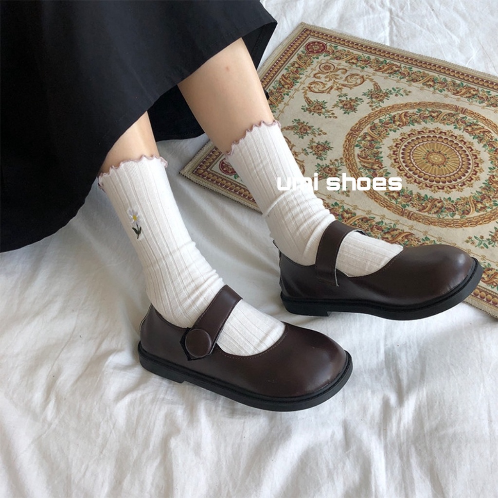 [CÓ SẴN] Giày bệt búp bê LOLITA nữ quai cài nút gỗ mũi tròn giá rẻ hot trendđơn giản màu đen/nâu đẹp bền mới