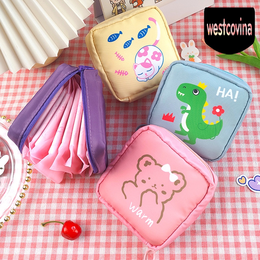 [Hot]☀ Túi Đựng Khăn Giấy Tampon Bằng Nylon Chống Nước Thiết Kế Khóa Kéo In Hoạt Hình Cho Nữ