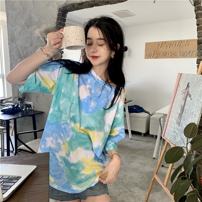 Áo Thun Tay Ngắn Dáng Rộng In Họa Tiết Màu Nhuộm Đính Sequin Thời Trang Mùa Hè Phong Cách Hàn Quốc Cho Nữ