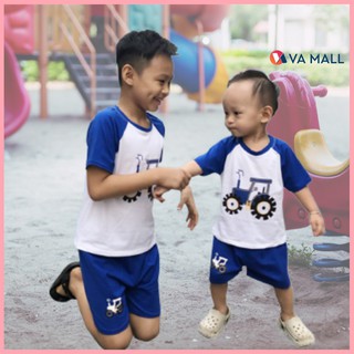 Bộ đồ cộc tay dành cho bé trai họa tiết Xe Lu xanh tím cực kỳ đáng yêu, Vải Cotton 4 chiều
