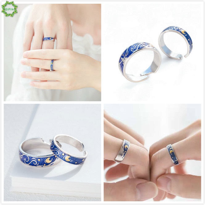 Cặp nhẫn hở điều chỉnh được in hình bức tranh bầu trời xanh đầy sao của Van Gogh làm quà tặng cho người yêu (có bán lẻ)