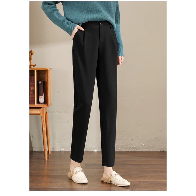 [FREE SHIP]Quần tây nữ lưng cao dáng dài màu đen chất vải tuyết mưa mềm - Quần vải nữ công sở cạp cao ống đứng