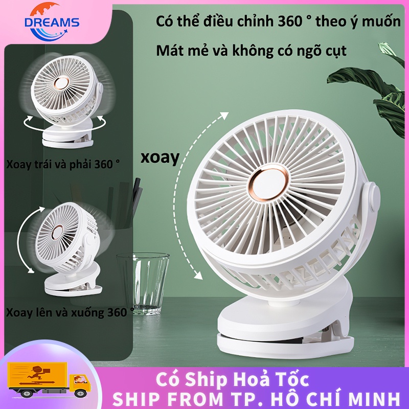 Quạt sạc điện mini kẹp bàn,Quạt mini tích điện thông xoay 360,pin tốt chạy êm, không gây tiếng ồn,4 chế độ gió - Dreams