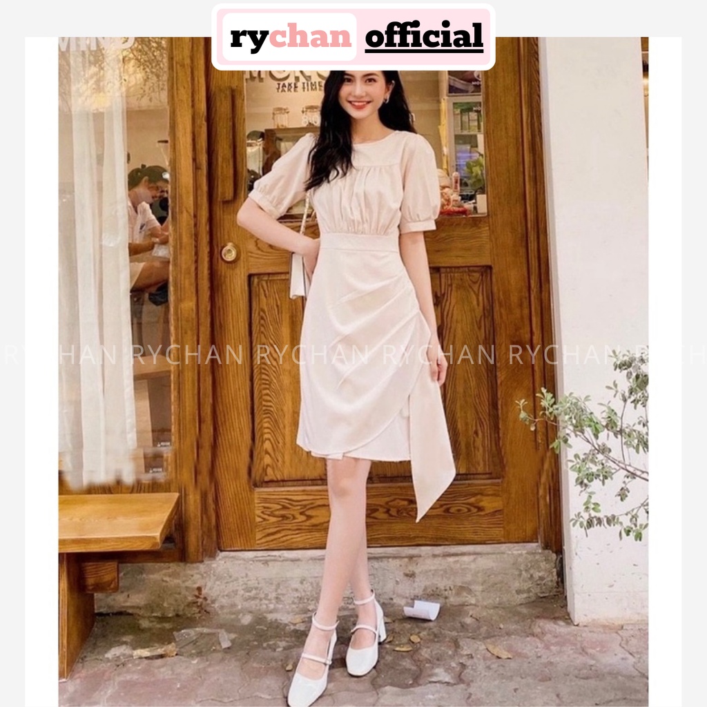 Đầm Thiết Kế Nữ Cổ Vuông Tay Ngắn Phối Tùng Bèo Đuôi Đắp Chéo Thanh Lịch Màu Hồng Kem Xanh [ẢNH THẬT CUỐI] - DX9682