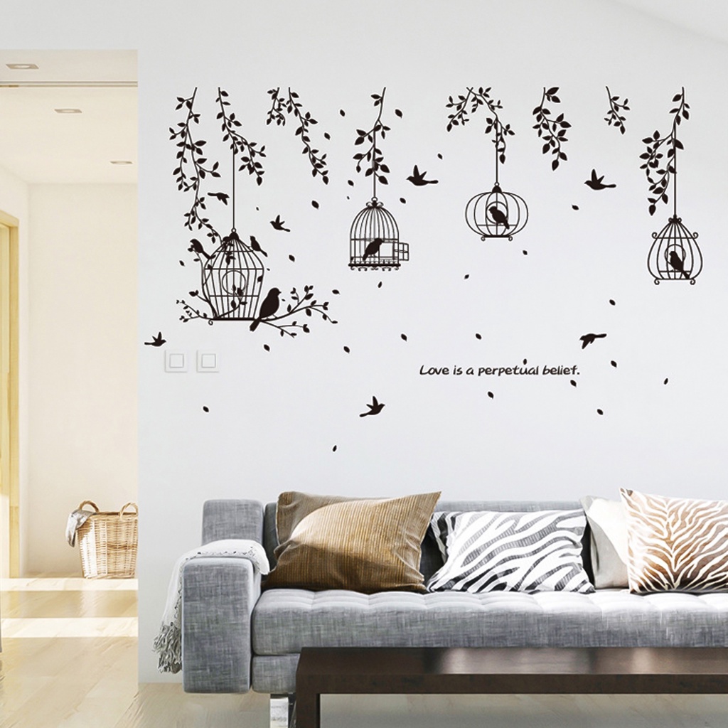 Black Birdcage Leaves Silhouette Wall Decor Sticker Living Room Bedroom Decal