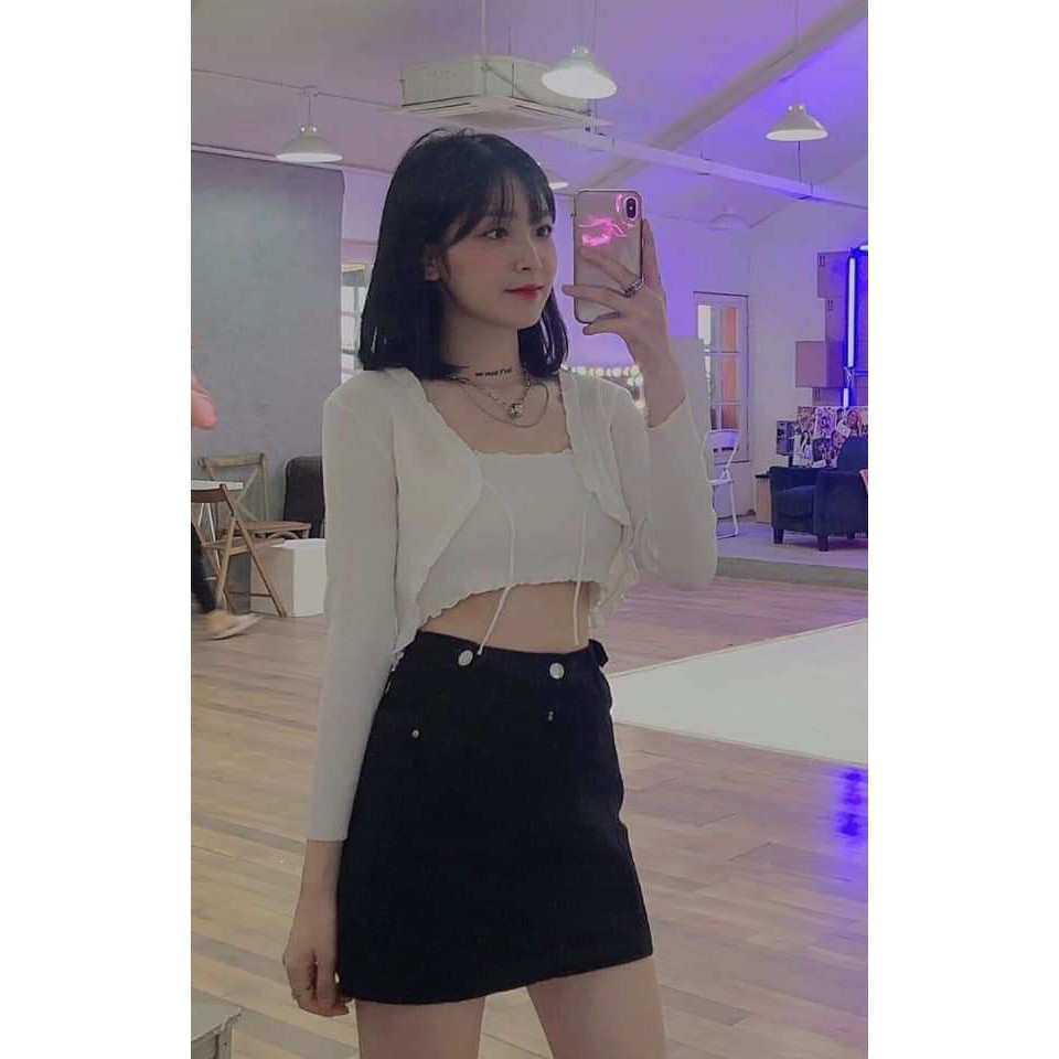 Sp hot -  SET CARDIGAN TĂM MỎNG + ÁO QUÂY NỮ ĐEN TRẮNG - CROPTOP THIẾT KẾ DÂY VIỀN BÈO TIỂU THƯ Ulzzang - SET ÁO KHOÁC C